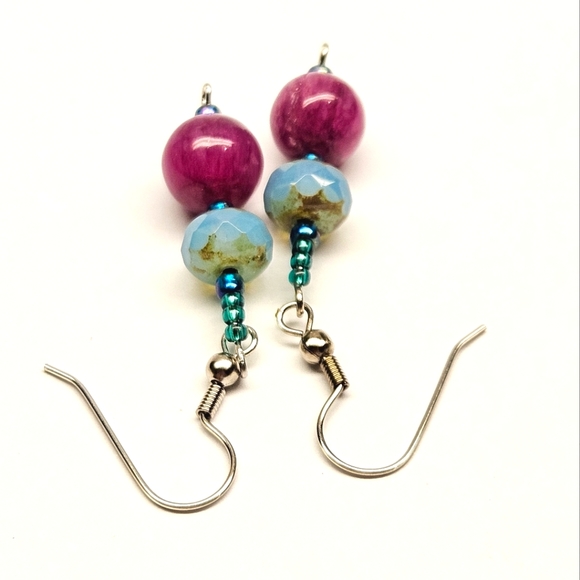 Pink and Aqua Beaded Earrings - Picture 3 of 5